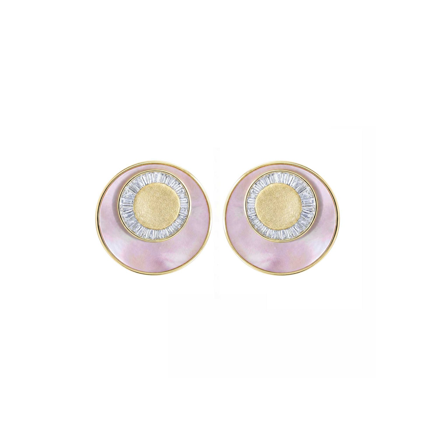 Céleste Yellow Gold Pink Mother of Pearl & Baguette Diamond Circular Ring Earring