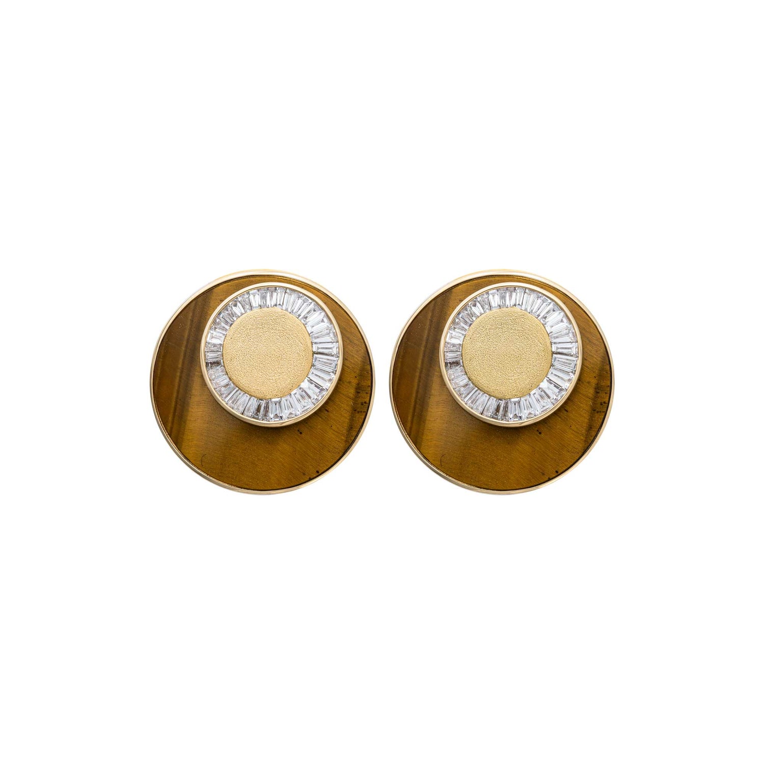 Céleste Yellow Gold Tiger Eye & Baguette Diamond Circular Earrings
