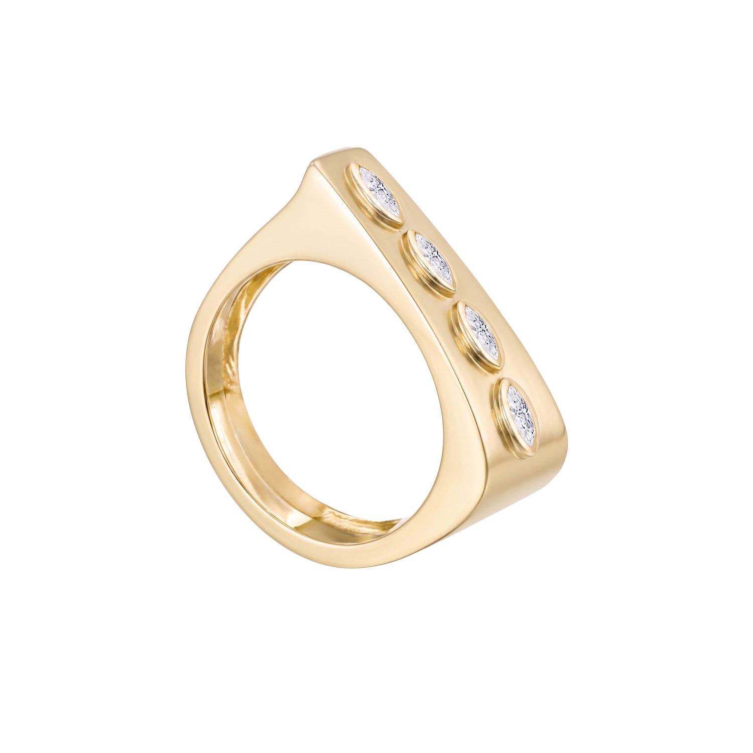Belle Sculptural Yellow Gold Marquise Diamond High Gloss Slim Band Ring