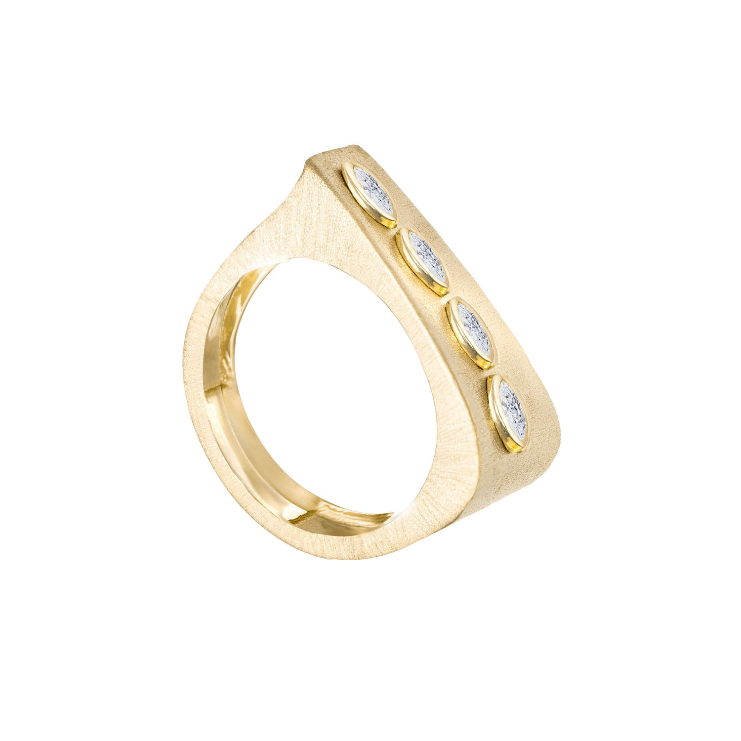 Belle Sculptural Yellow Gold Marquise Diamond Brushed Slim Band Ring
