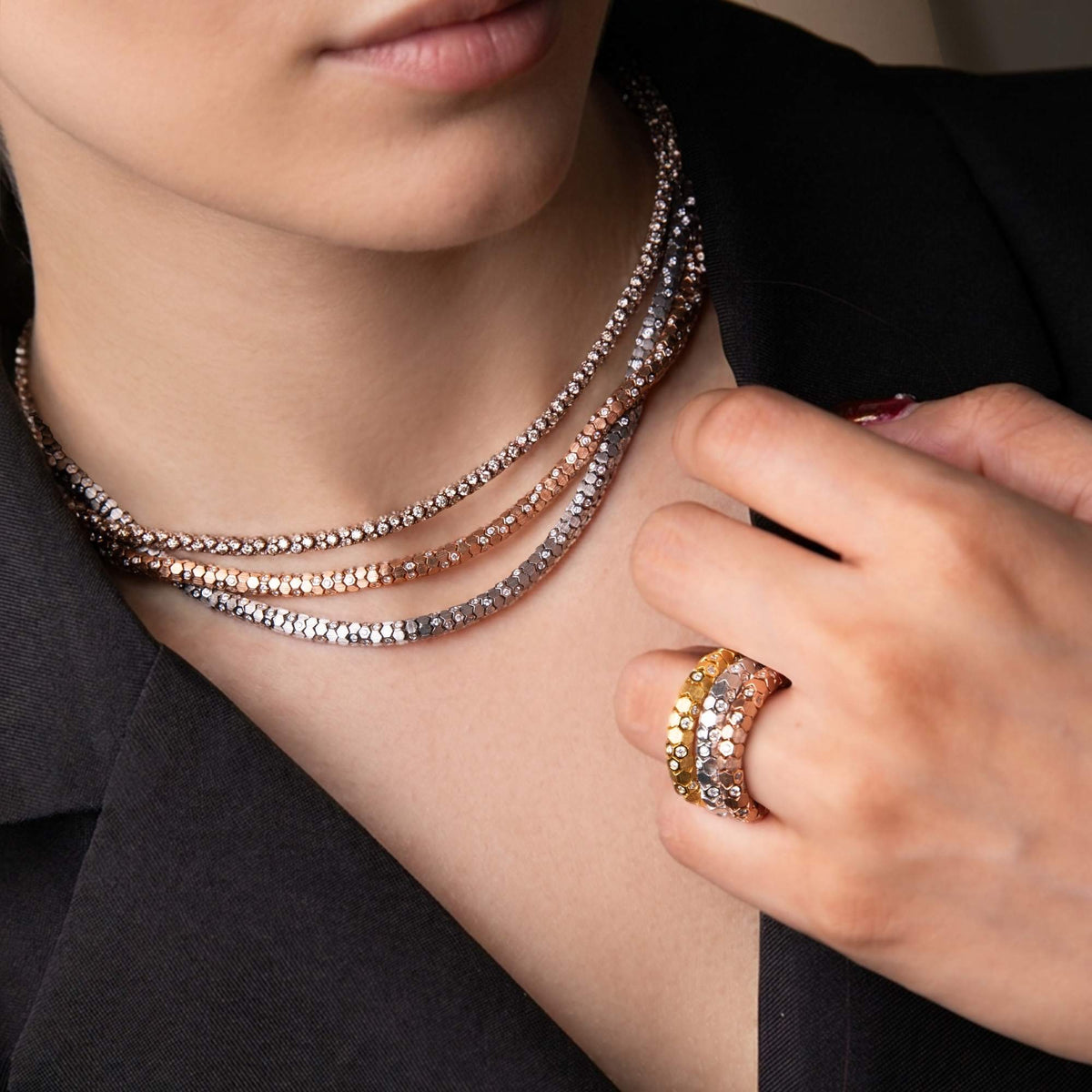 Essential’s Hexagon White Gold Champagne Diamond Brushed Necklace