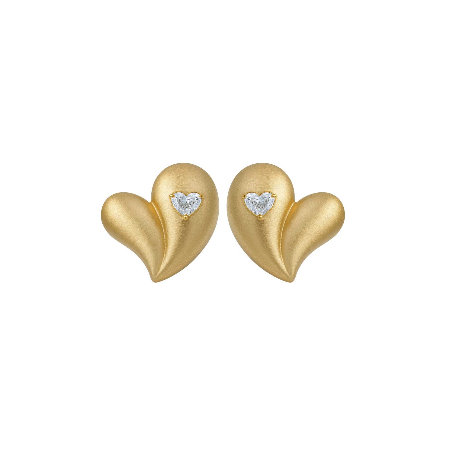 Roma Heart Yellow Gold Heart Diamond Brushed Sculptural Stud Earrings