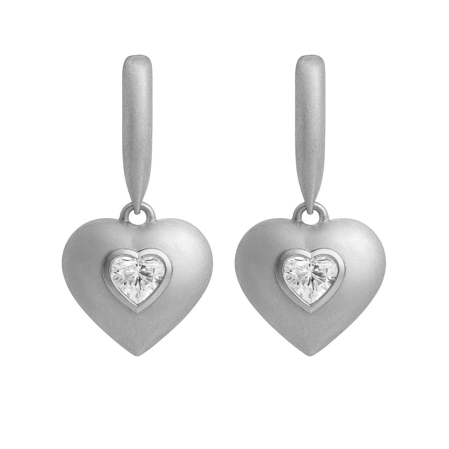 Roma Heart White Gold Heart Diamond Brushed Drop Earrings