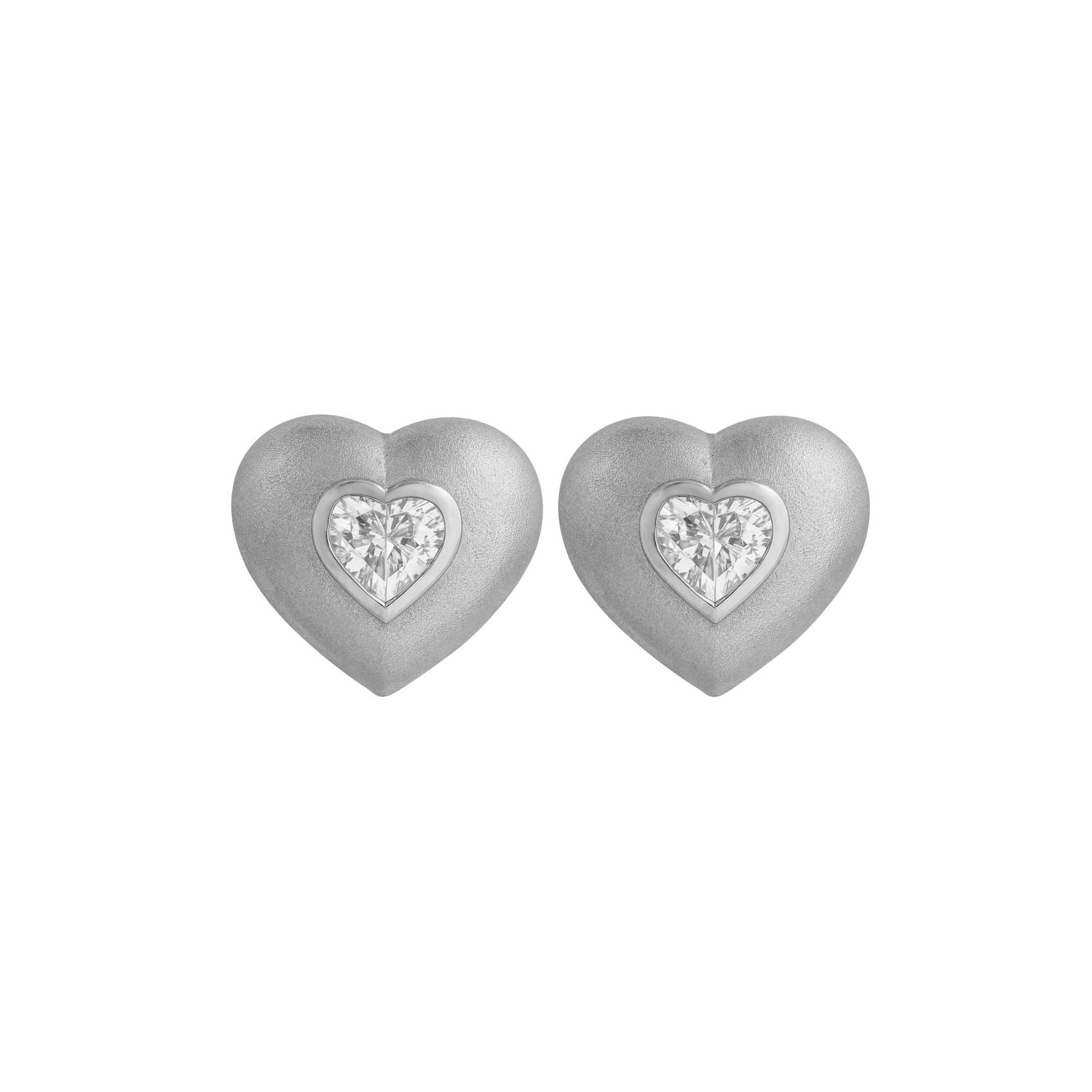 Roma Heart White Gold Heart Diamond Brushed Stud Earrings