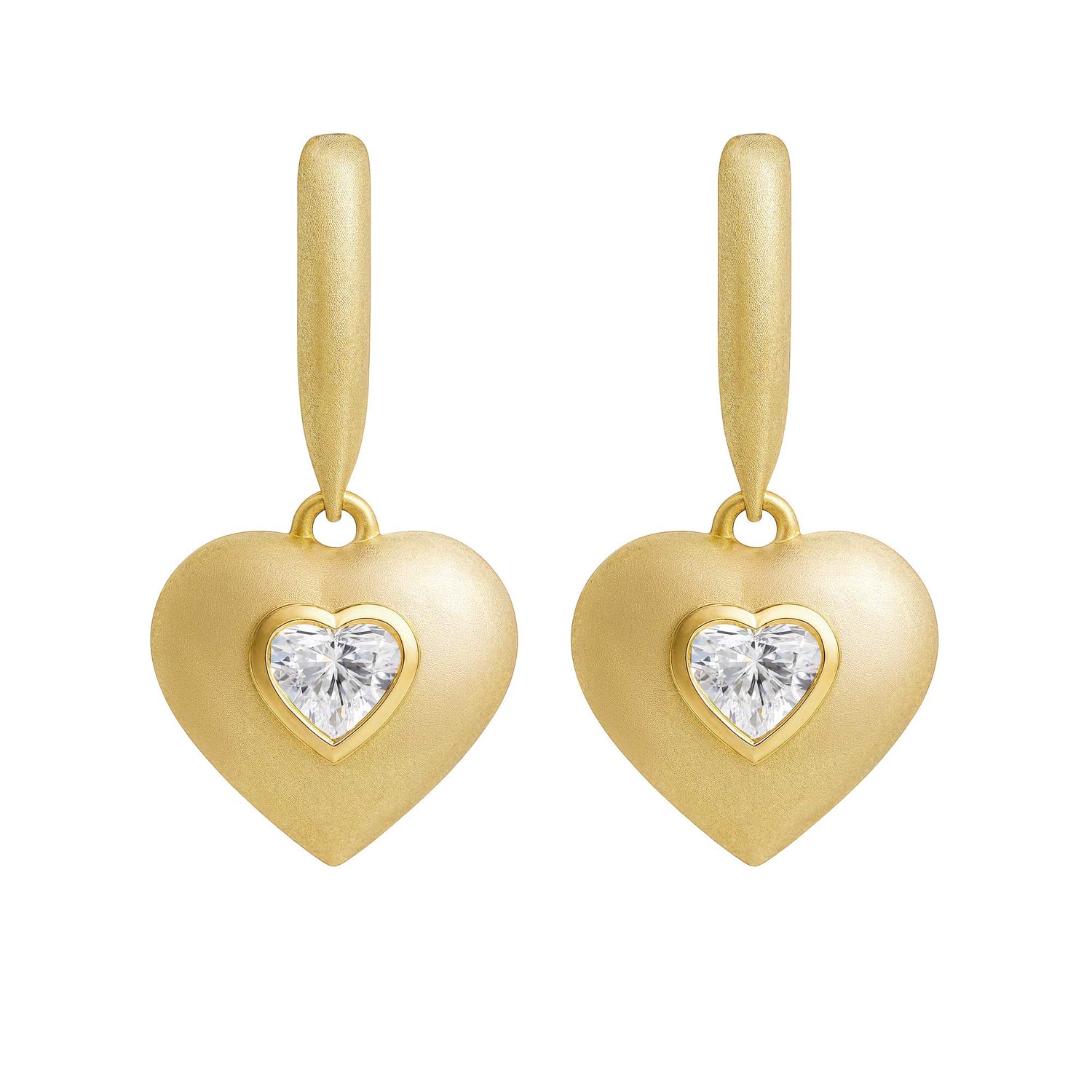 Roma Heart Yellow Gold Heart Diamond Brushed Drop Earrings