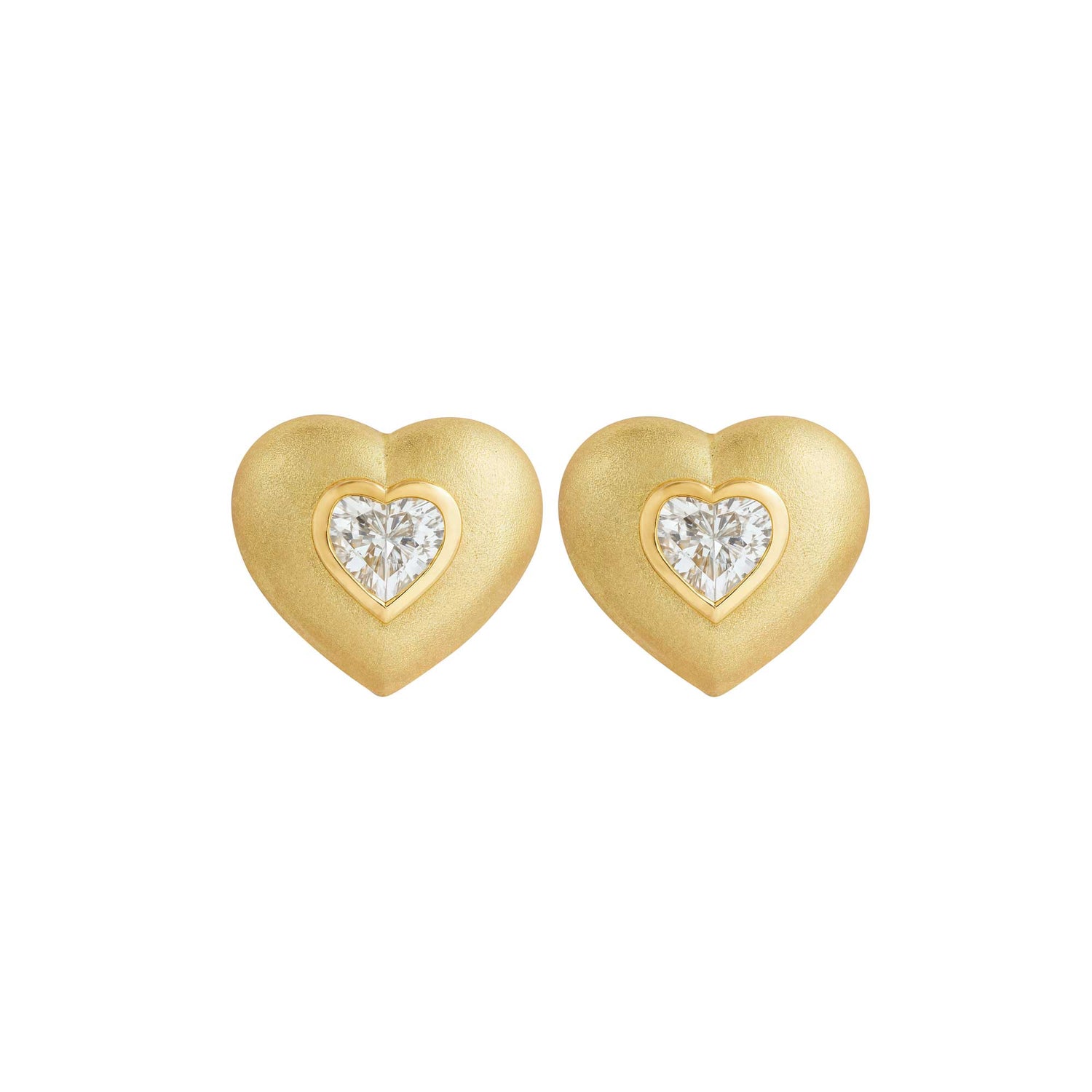 Roma Heart Yellow Gold Heart Diamond Brushed Stud Earrings