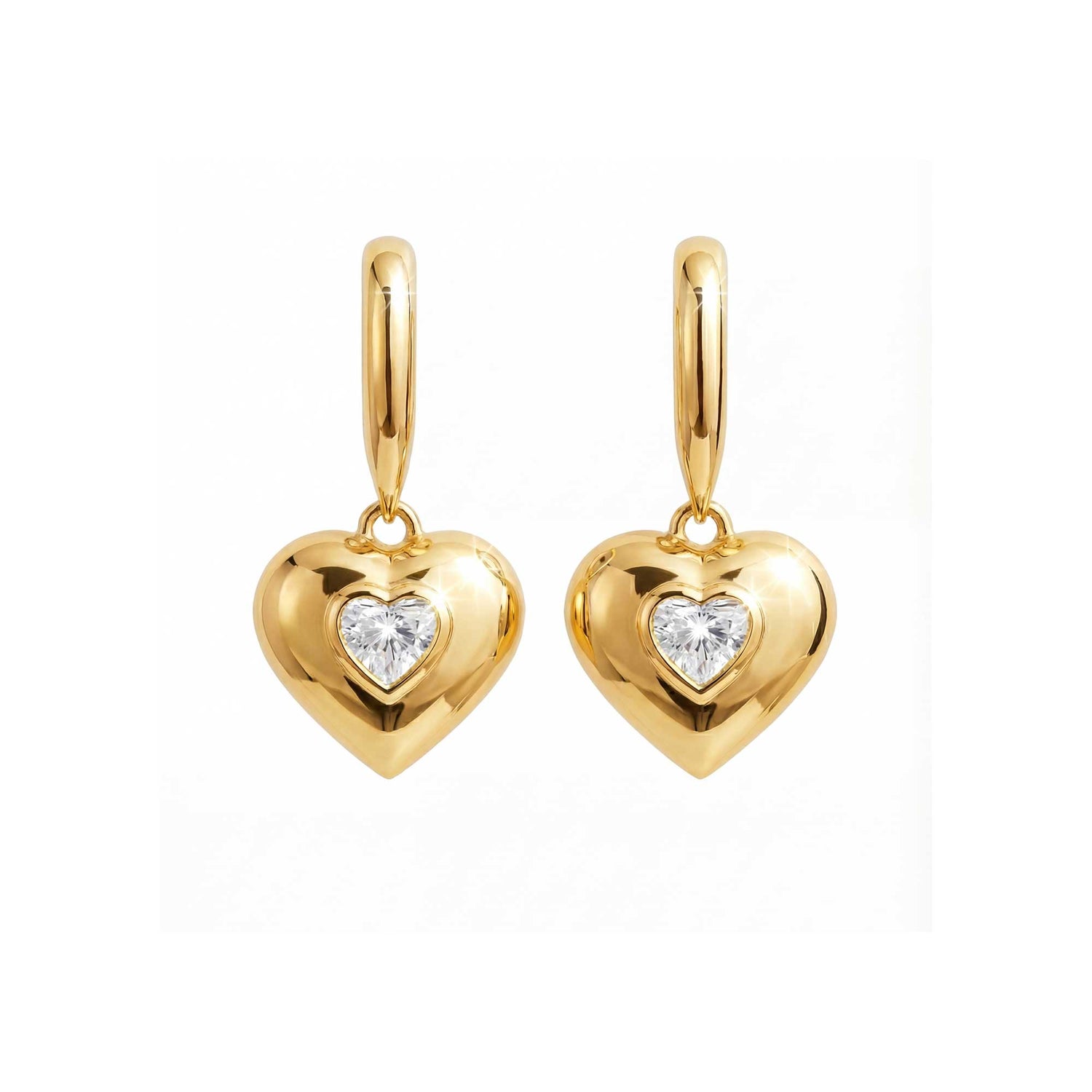 Roma Heart Yellow Gold Heart Diamond High Gloss Drop Earrings