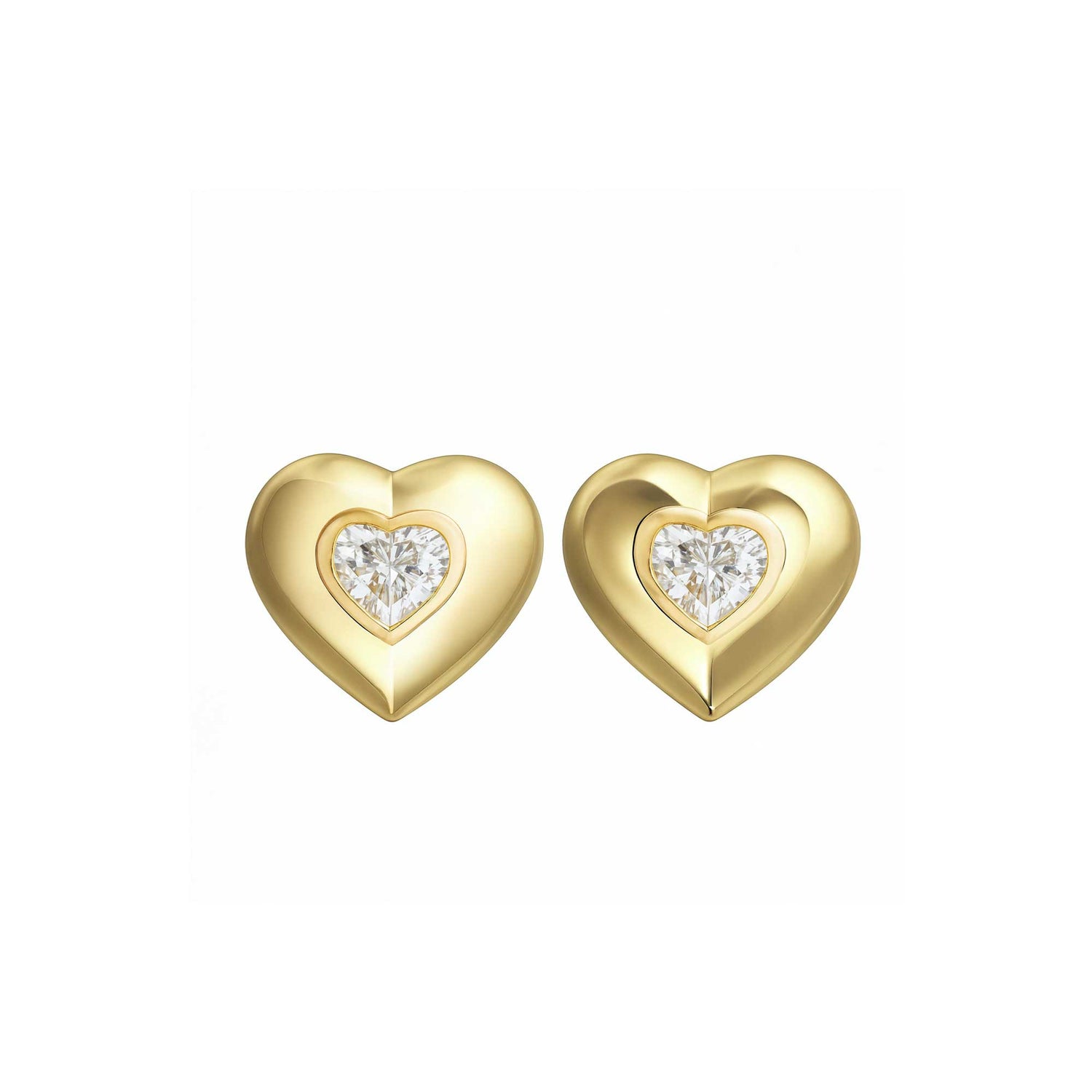 Roma Heart Yellow Gold Heart Diamond High Gloss Stud Earrings