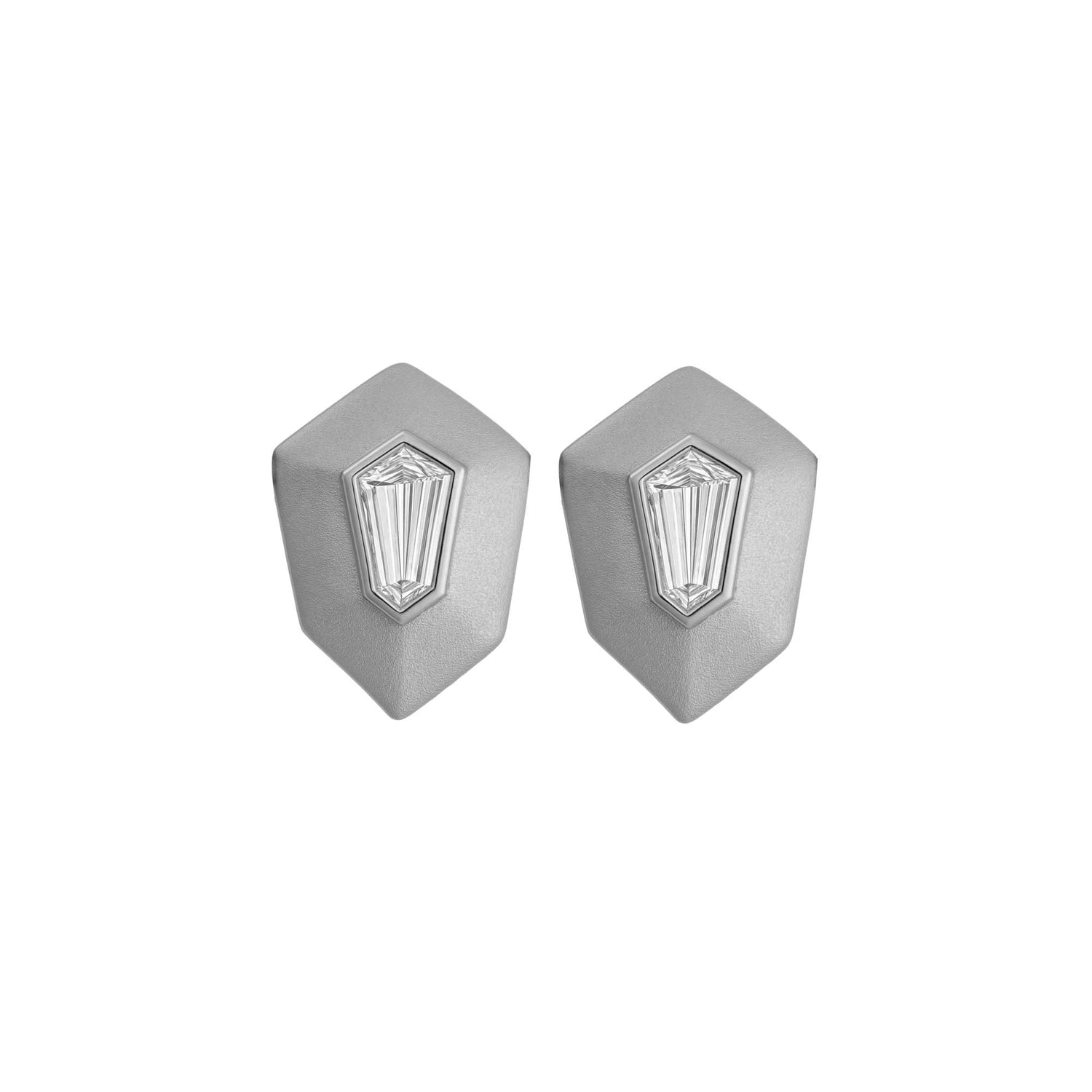 Roma Hexagon White Gold Baguette Diamond Brushed Stud Earrings