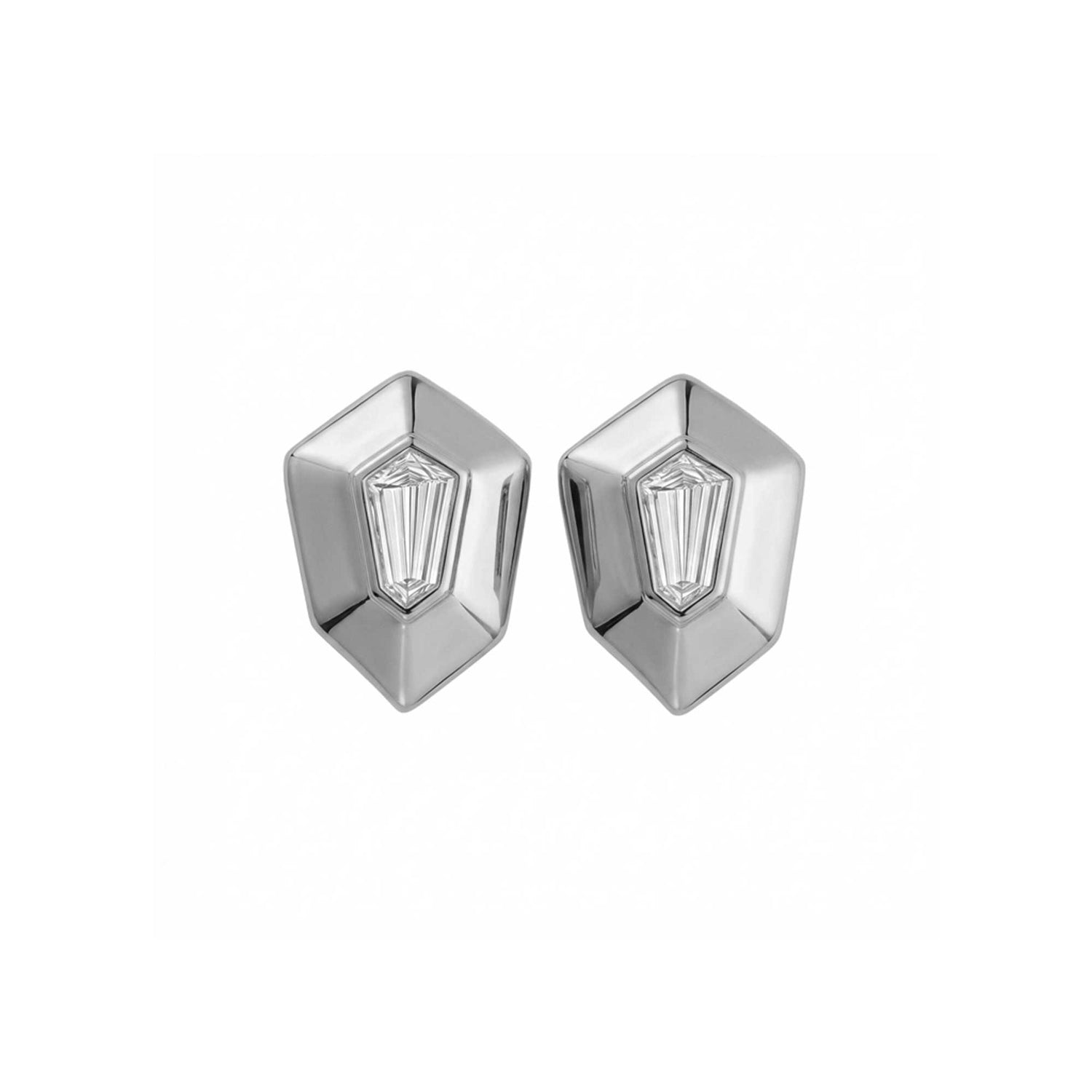 Roma Hexagon White Gold Baguette Diamond High Gloss Stud Earrings