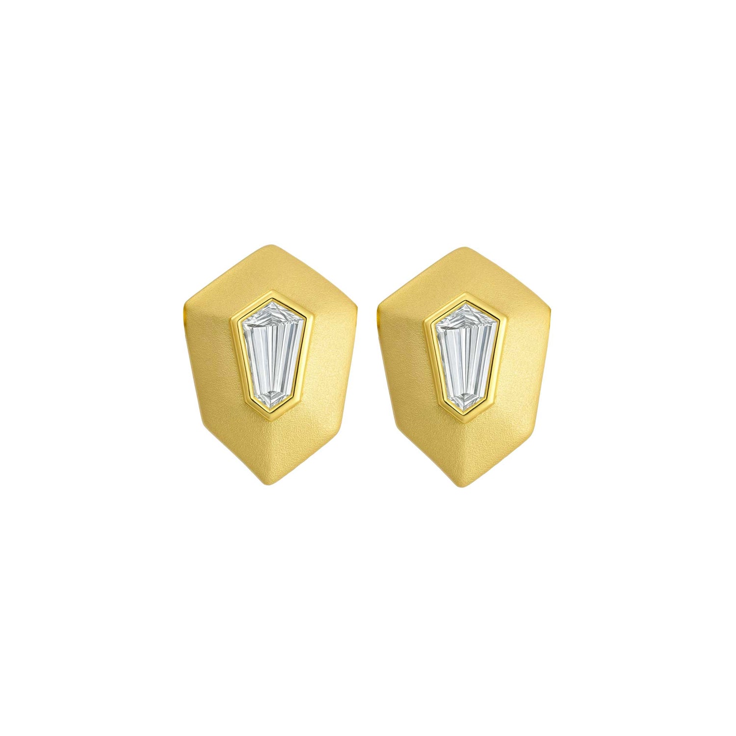 Roma Hexagon Yellow Gold Baguette Diamond Brushed Stud Earrings