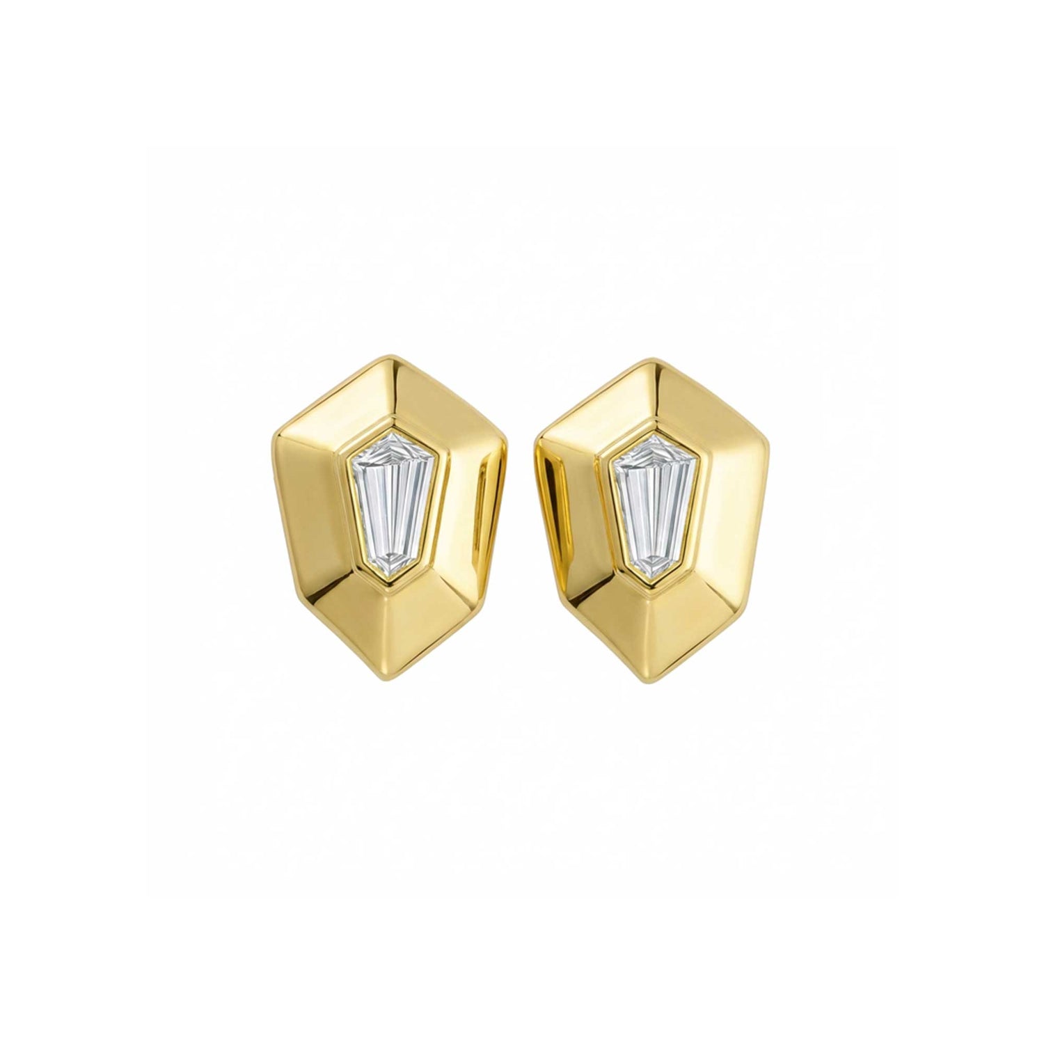 Roma Hexagon Yellow Gold Baguette Diamond High Gloss Stud Earrings