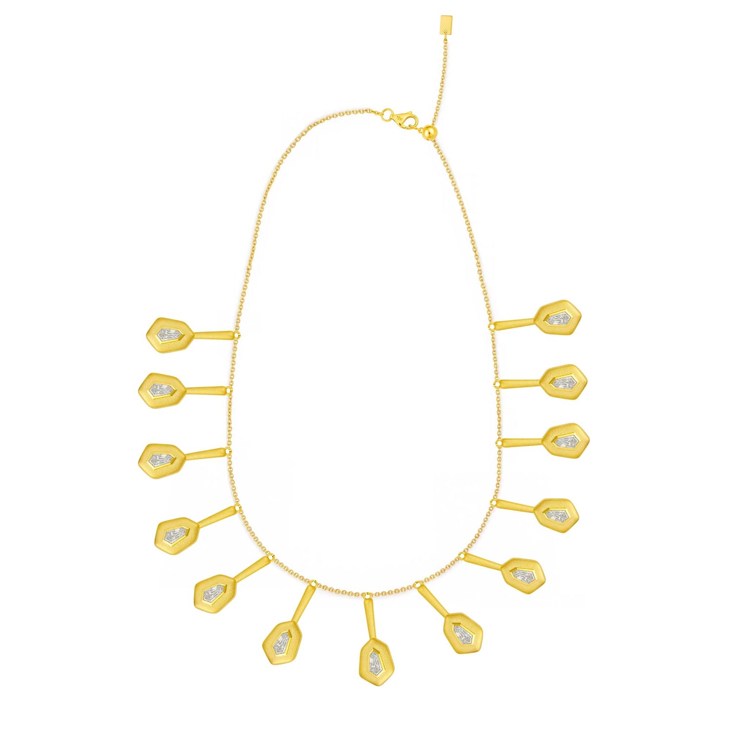 Roma Hexagon Yellow Gold Bezel Diamond 13 Motif Fringe Necklace