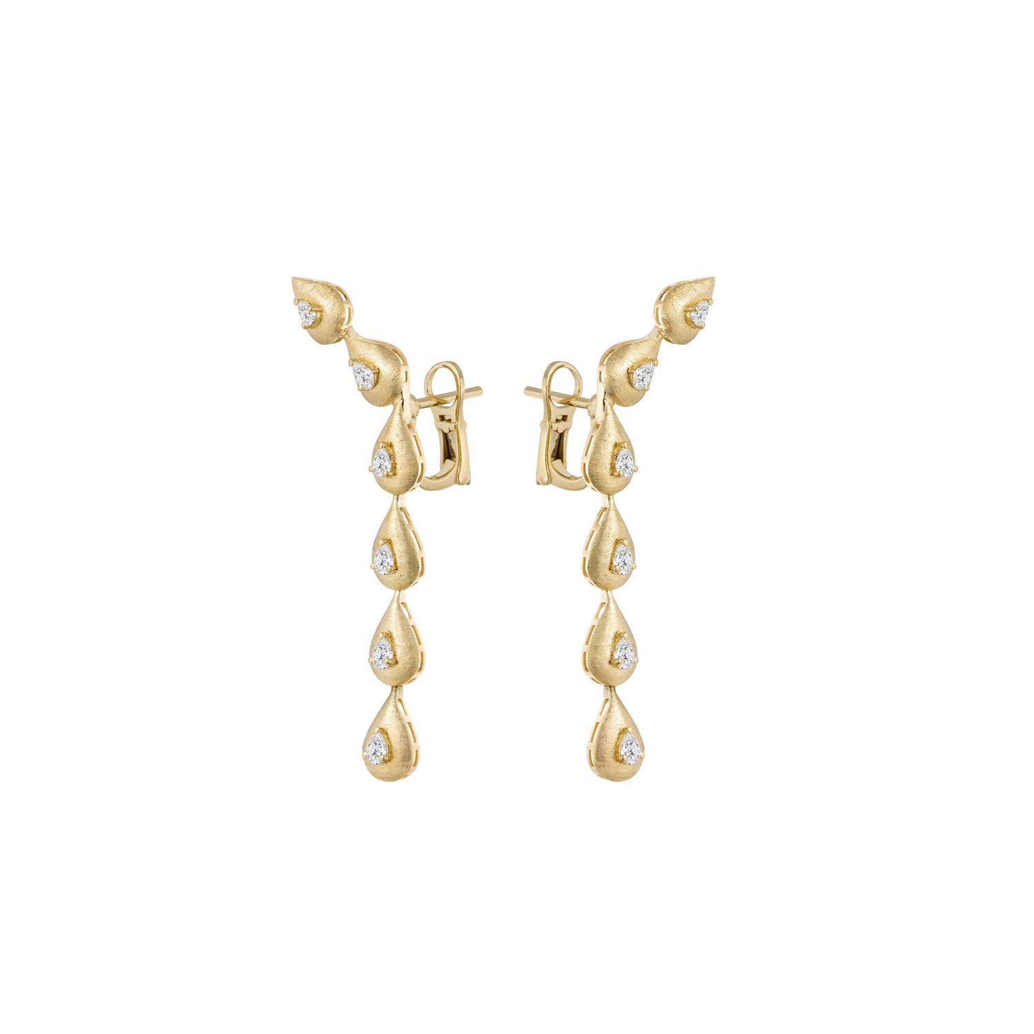 Roma Link Pear Yellow Gold Bezel Diamond 6 Motif Brushed Earrings