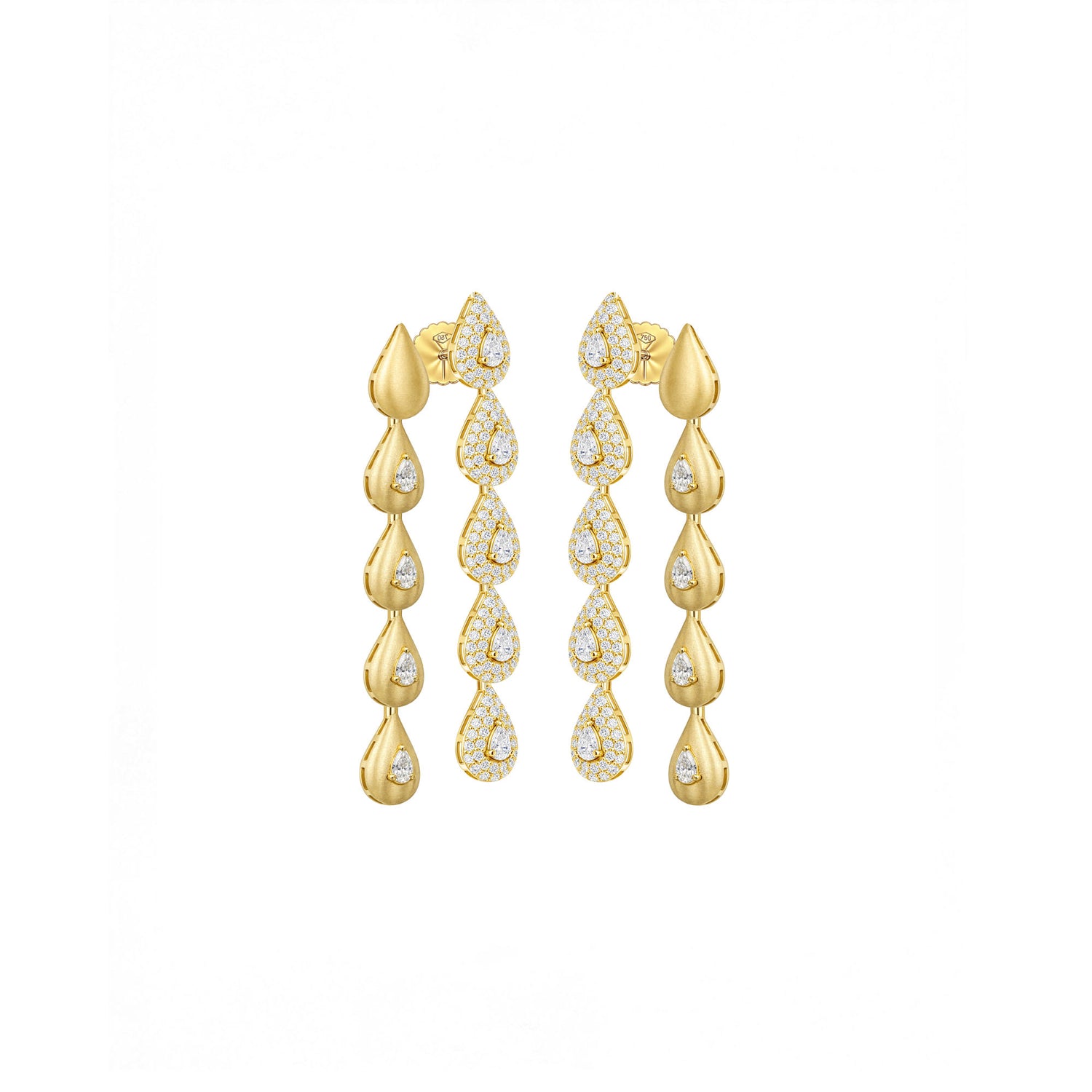 Roma Link Pear Yellow Gold Diamond Cascade Drop Earrings