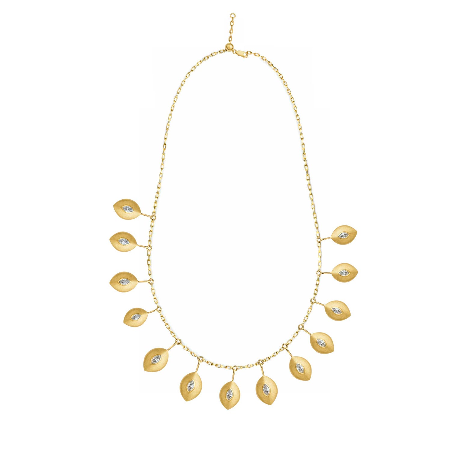 Roma Marquise Yellow Gold Bezel Diamond 13 Motif Brushed Fringe Necklace