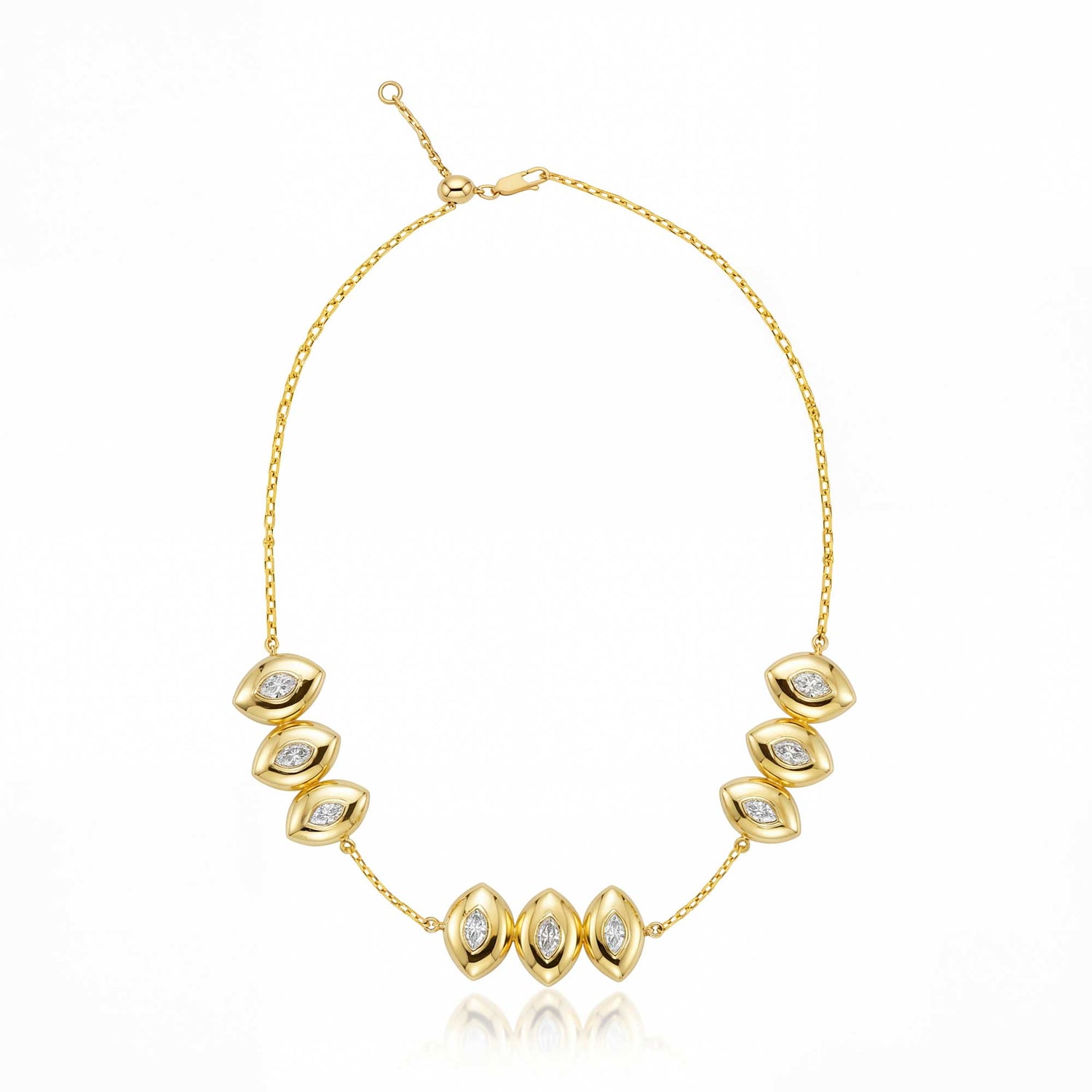 Roma Marquise Yellow Gold Bezel Diamond 9 Motif High Gloss Necklace