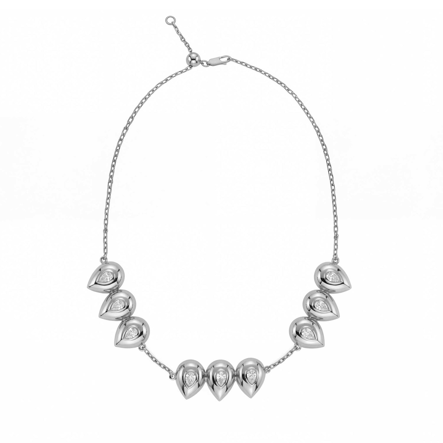 Roma Pear White Gold Bezel Diamond 9 Motif High Gloss Necklace
