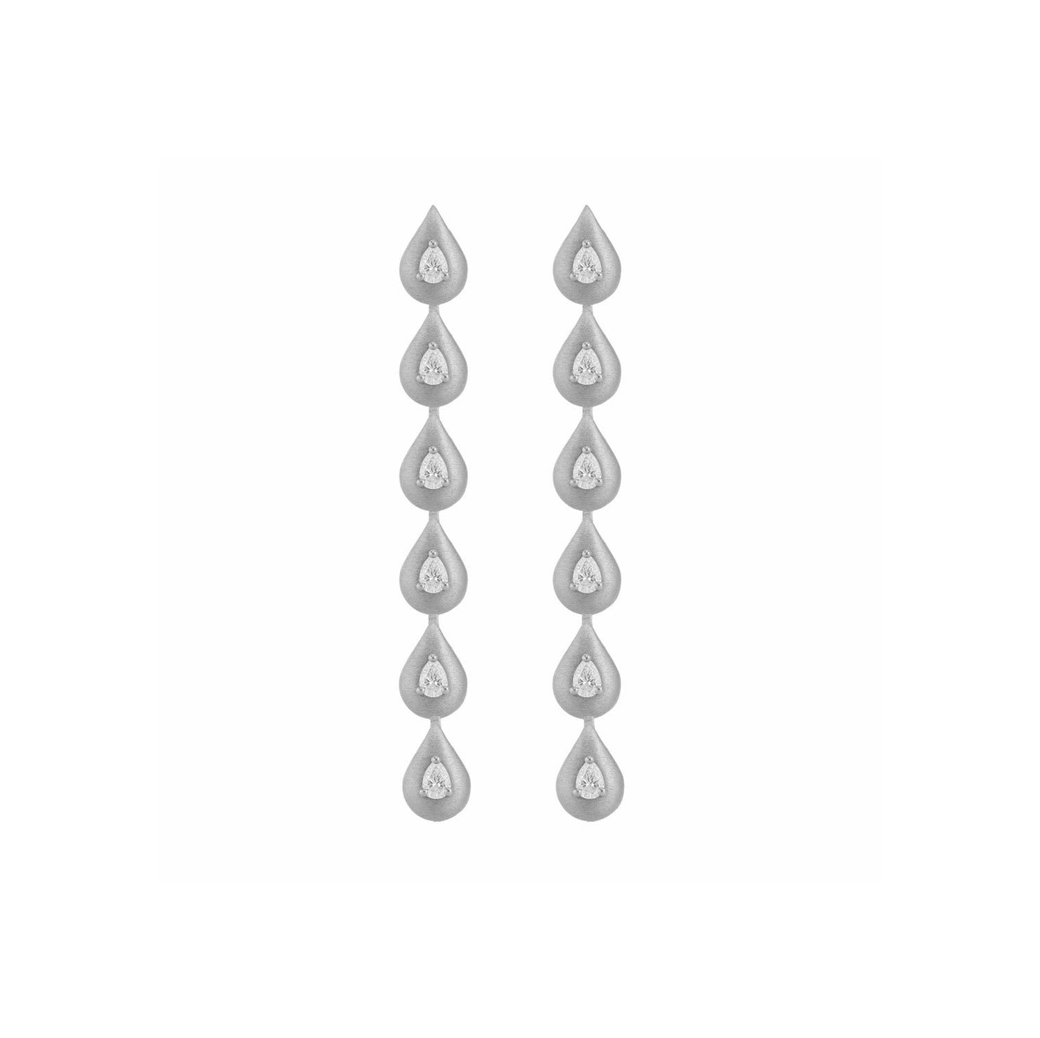 Roma Pear White Gold Pear Diamond 6 Motif Brushed Drop Earrings