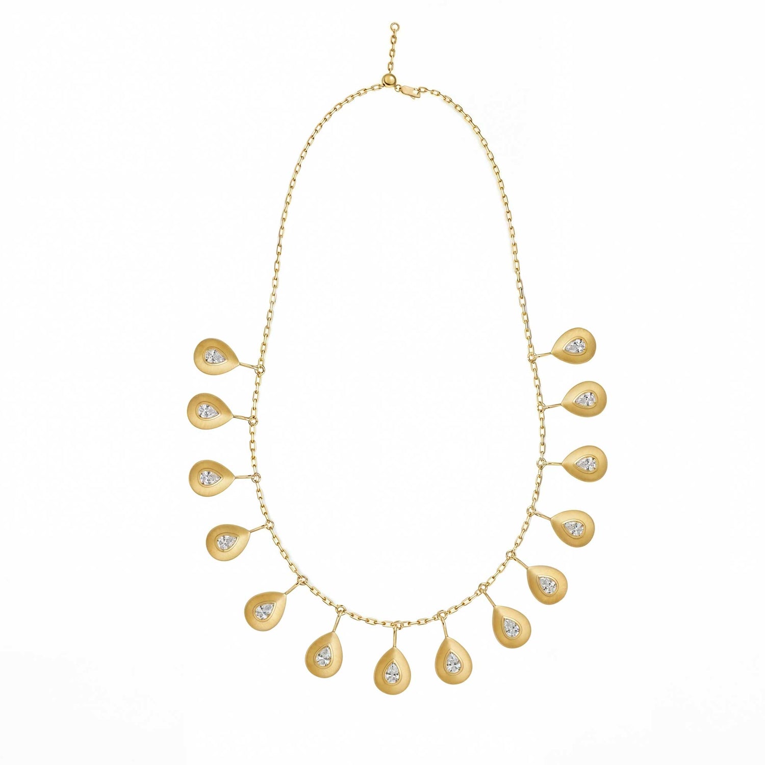 Roma Pear Yellow Gold Bezel Diamond 13 Motif Brushed Fringe Necklace