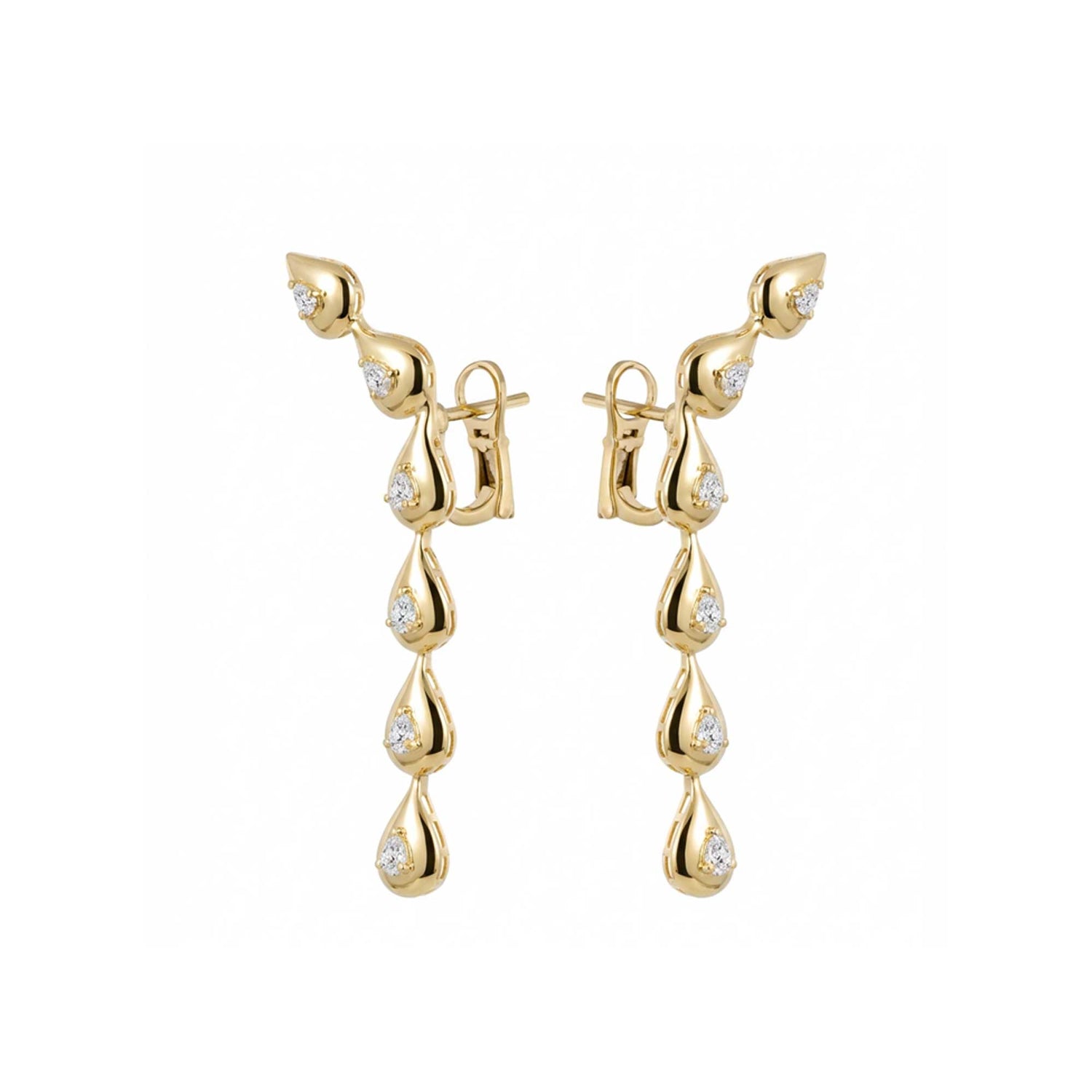 Roma Pear Yellow Gold Bezel Diamond 6 Motif High Gloss Drop Earrings