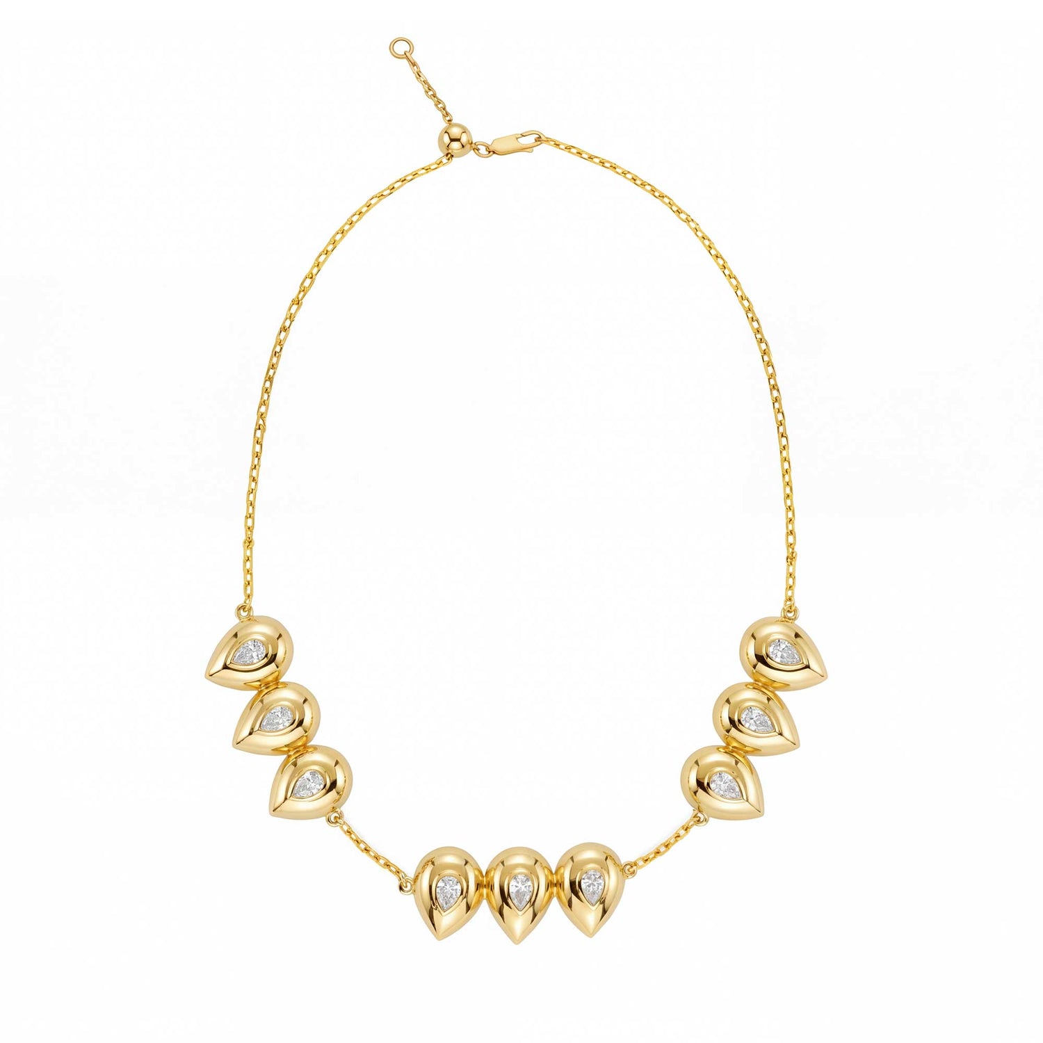 Roma Pear Yellow Gold Bezel Diamond 9 Motif High Gloss Necklace