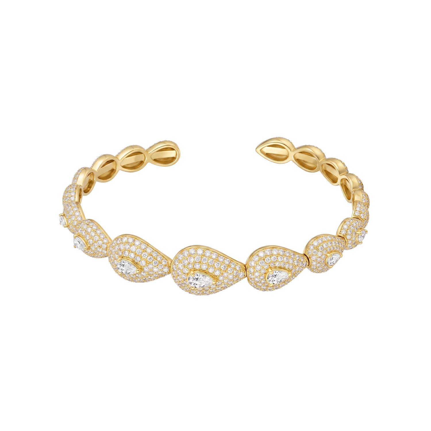 Roma Pear Yellow Gold Full Diamond Brushed Bangle