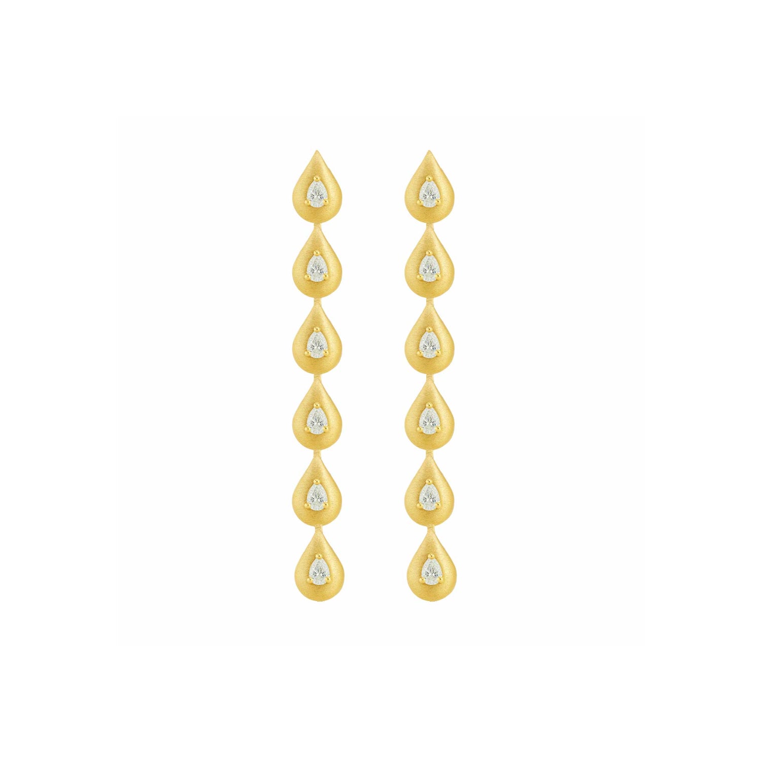 Roma Pear Yellow Gold Pear Diamond 6 Motif Brushed Drop Earrings