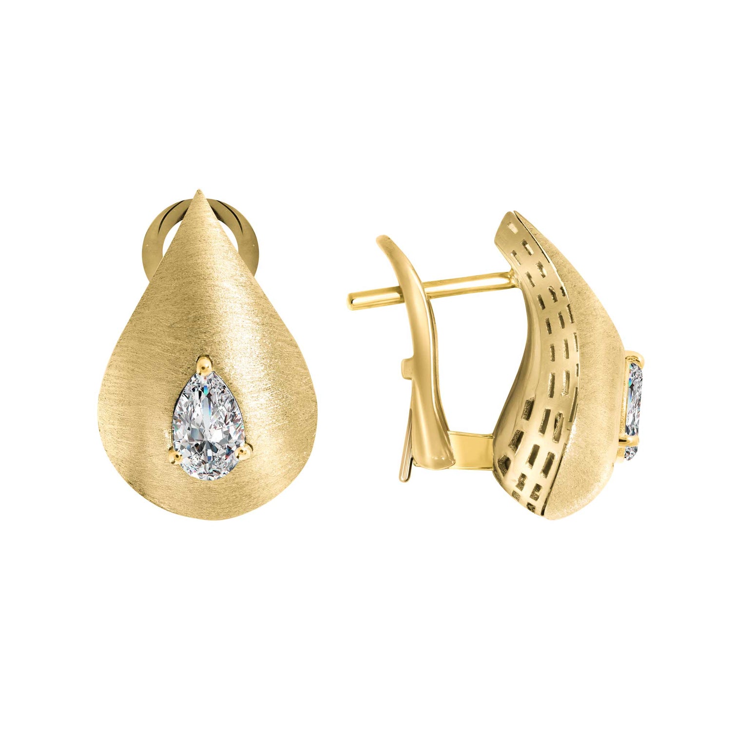Roma Pear Yellow Gold Pear Diamond Brushed Earrings