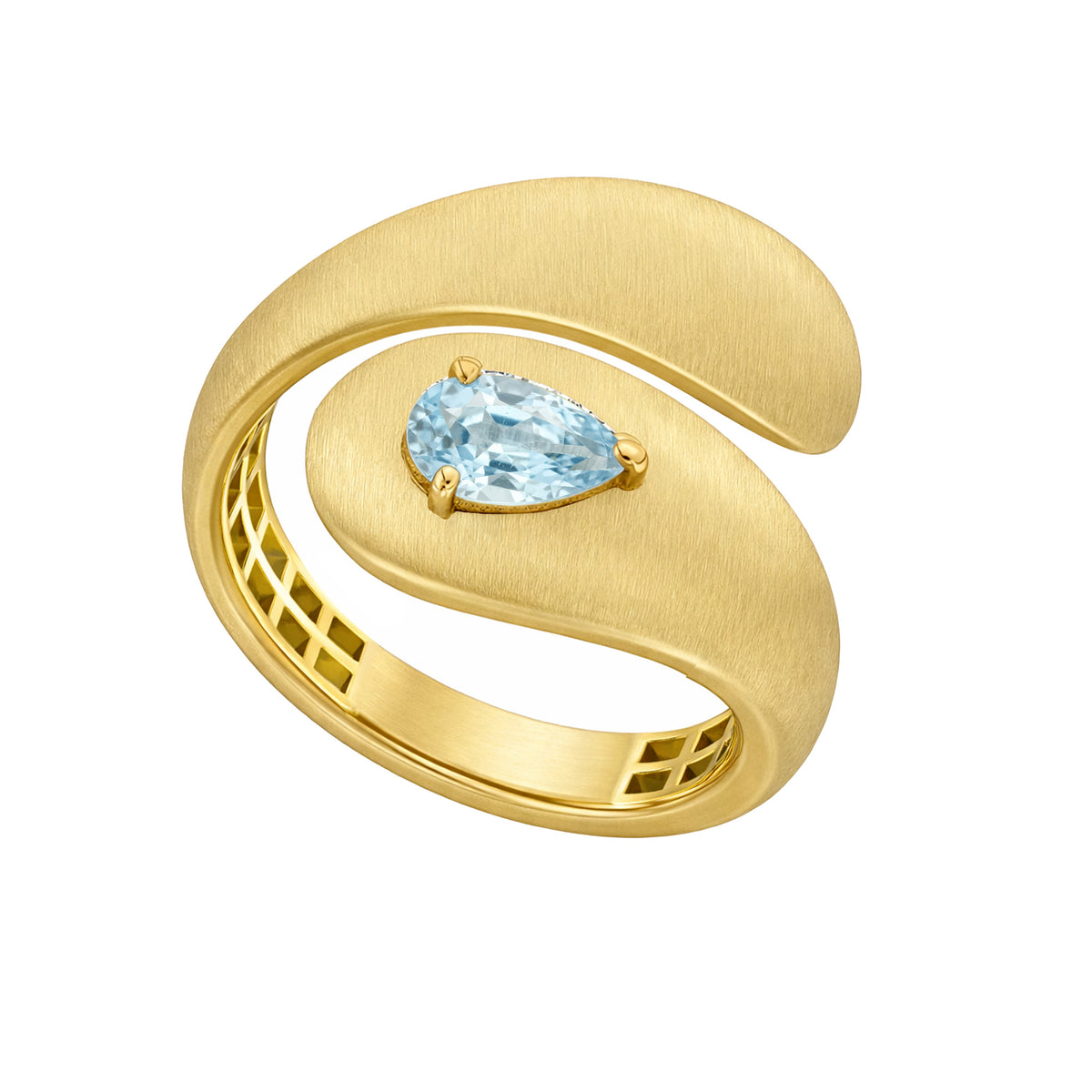 Roma Pear Yellow Gold Aquamarine Brushed Sculptural Ring