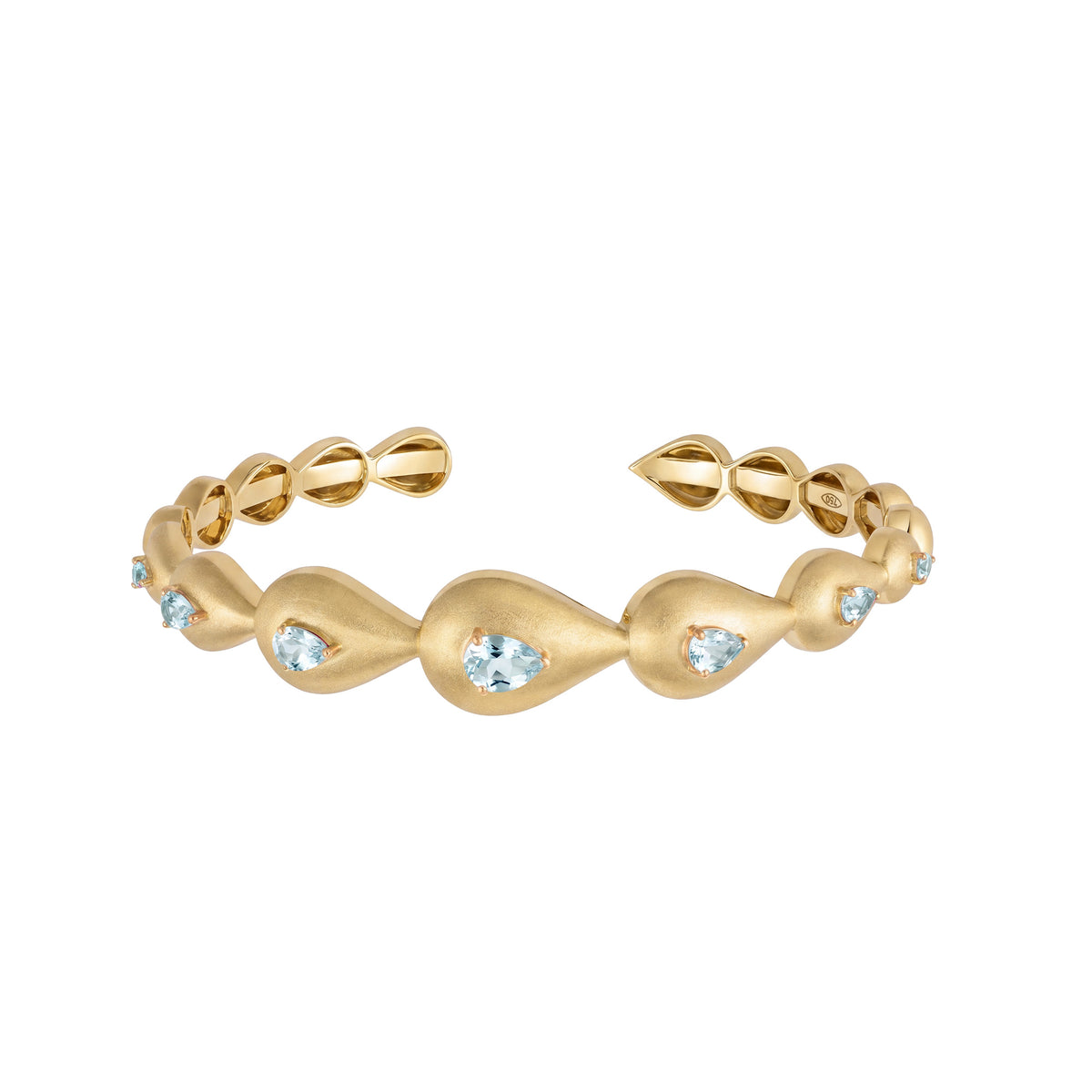 Roma Pear Yellow Gold Aquamarine Brushed Thick Bangle