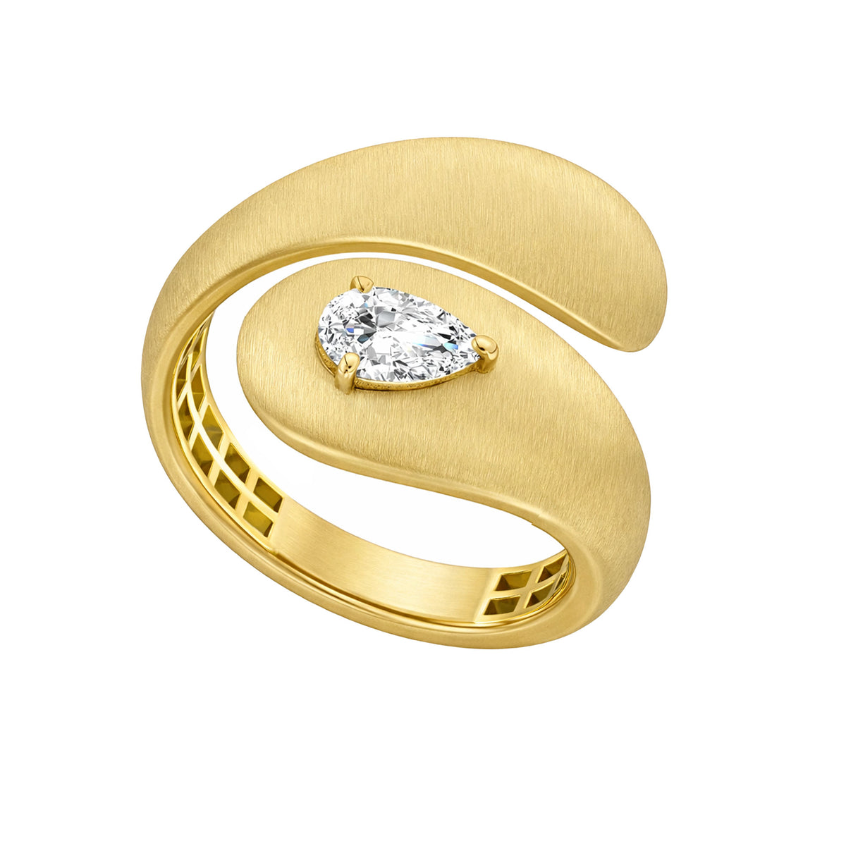 Roma Pear Yellow Gold Diamond Brushed Sculptural Ring