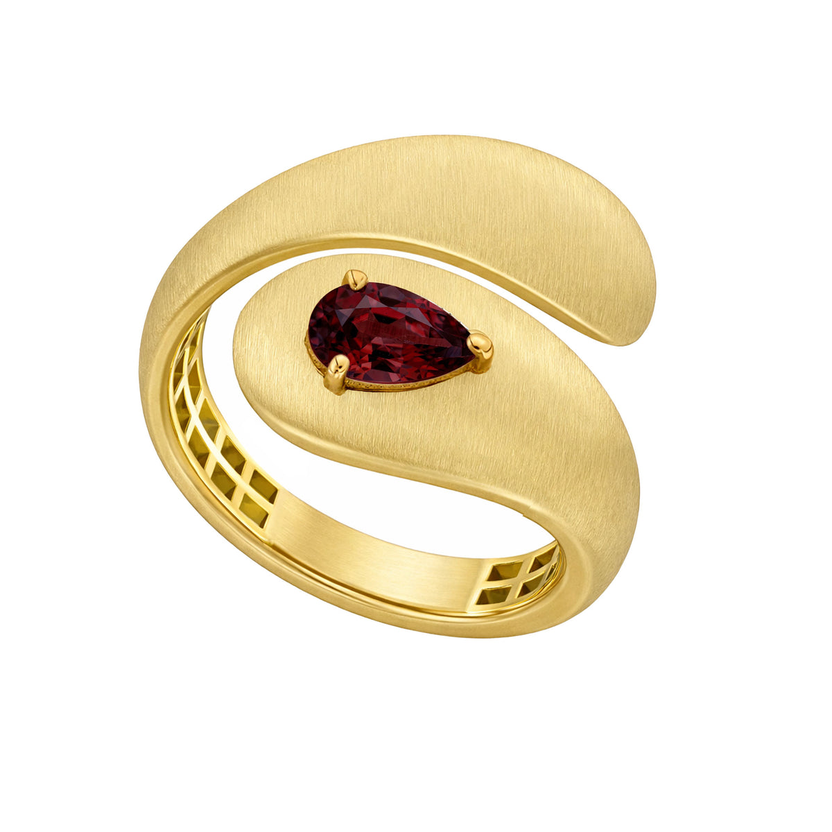 Roma Pear Yellow Gold Garnet Brushed Sculptural Ring