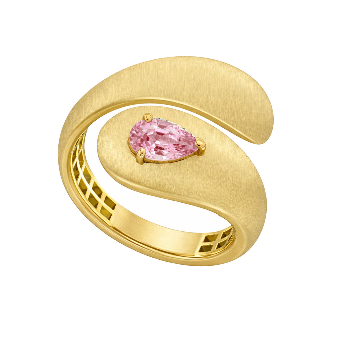 Roma Pear Yellow Gold Pink Stone Brushed Sculptural Ring