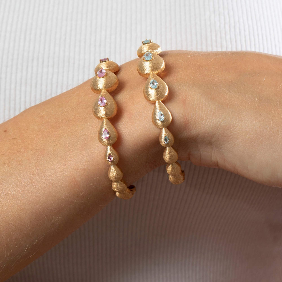 Roma Pear Yellow Gold Pink Stone Brushed Thick Bangle