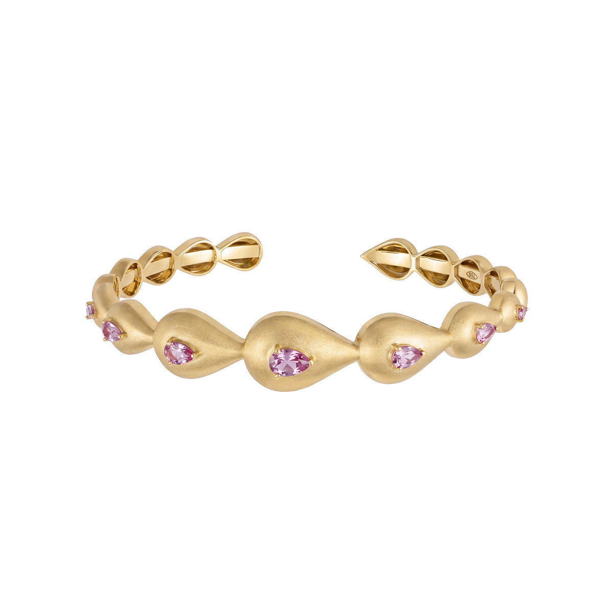 Roma Pear Yellow Gold Pink Stone Brushed Thick Bangle