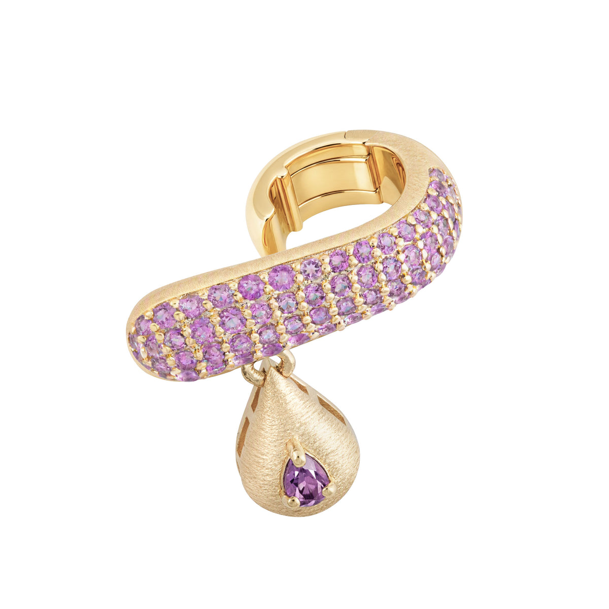 Roma Pink Sapphire Yellow Gold Pavé Brushed Sculptural Drop Earring