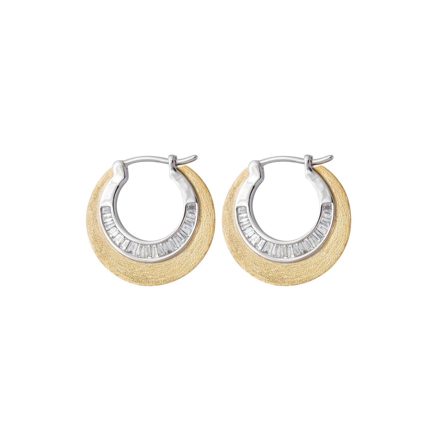Céleste Yellow Gold & White Gold Baguette Diamond Sand Finish Hoop Earrings