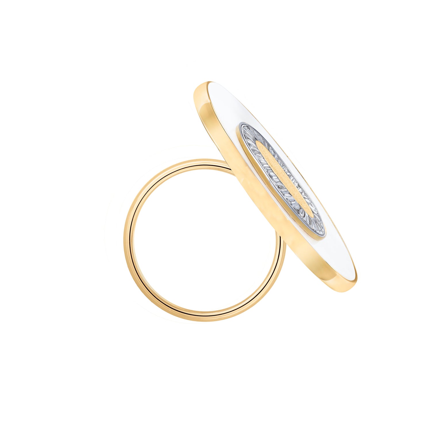 Céleste Yellow Gold Mother of Pearl & Baguette Diamond Circular Ring