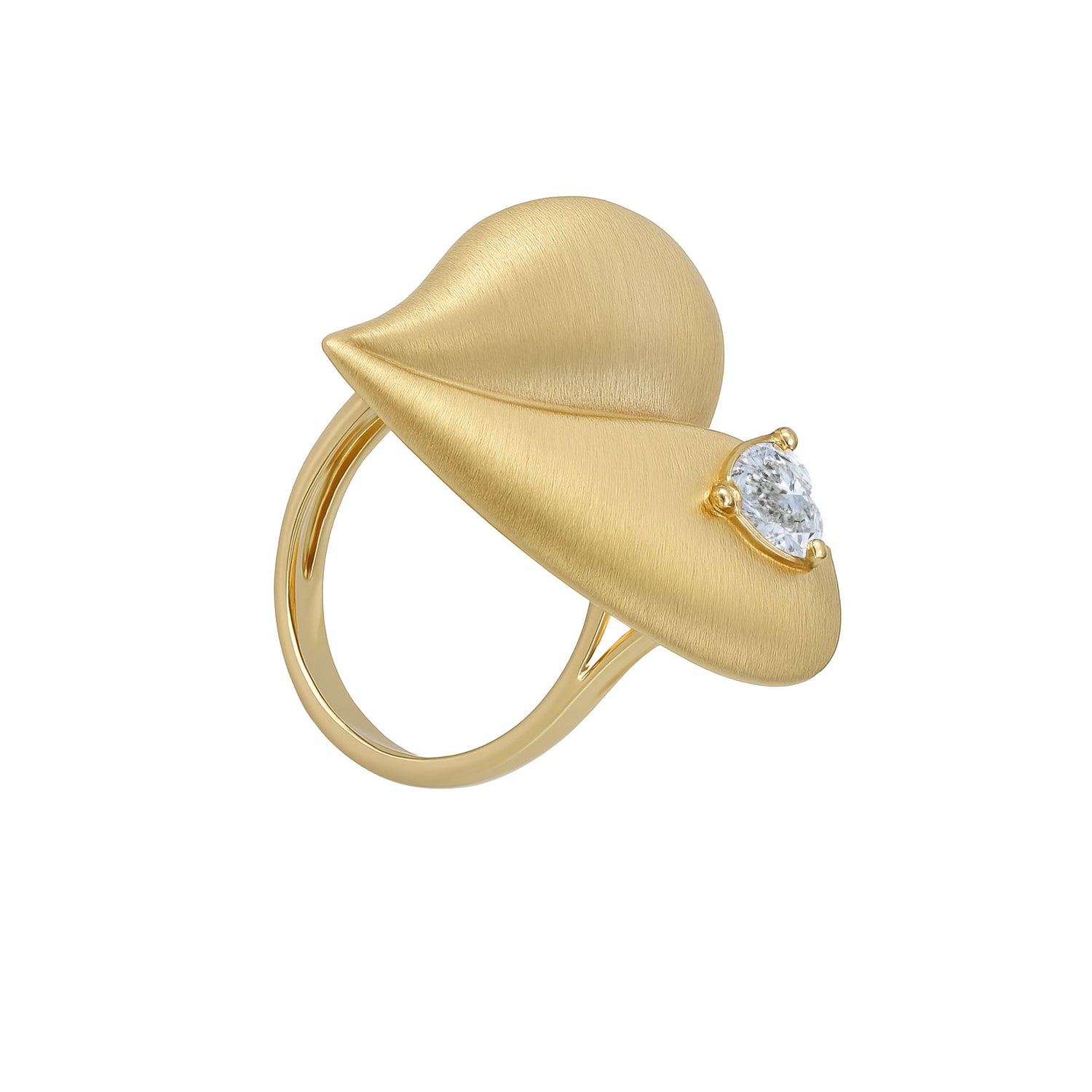 Roma Heart Yellow Gold Heart Diamond Brushed Sculptural Ring