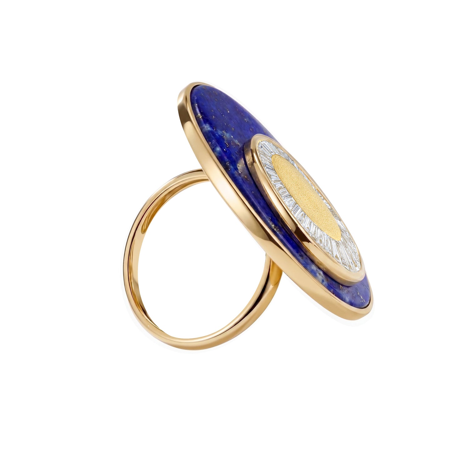 Céleste Yellow Gold Lapis & Baguette Diamond Circular Ring