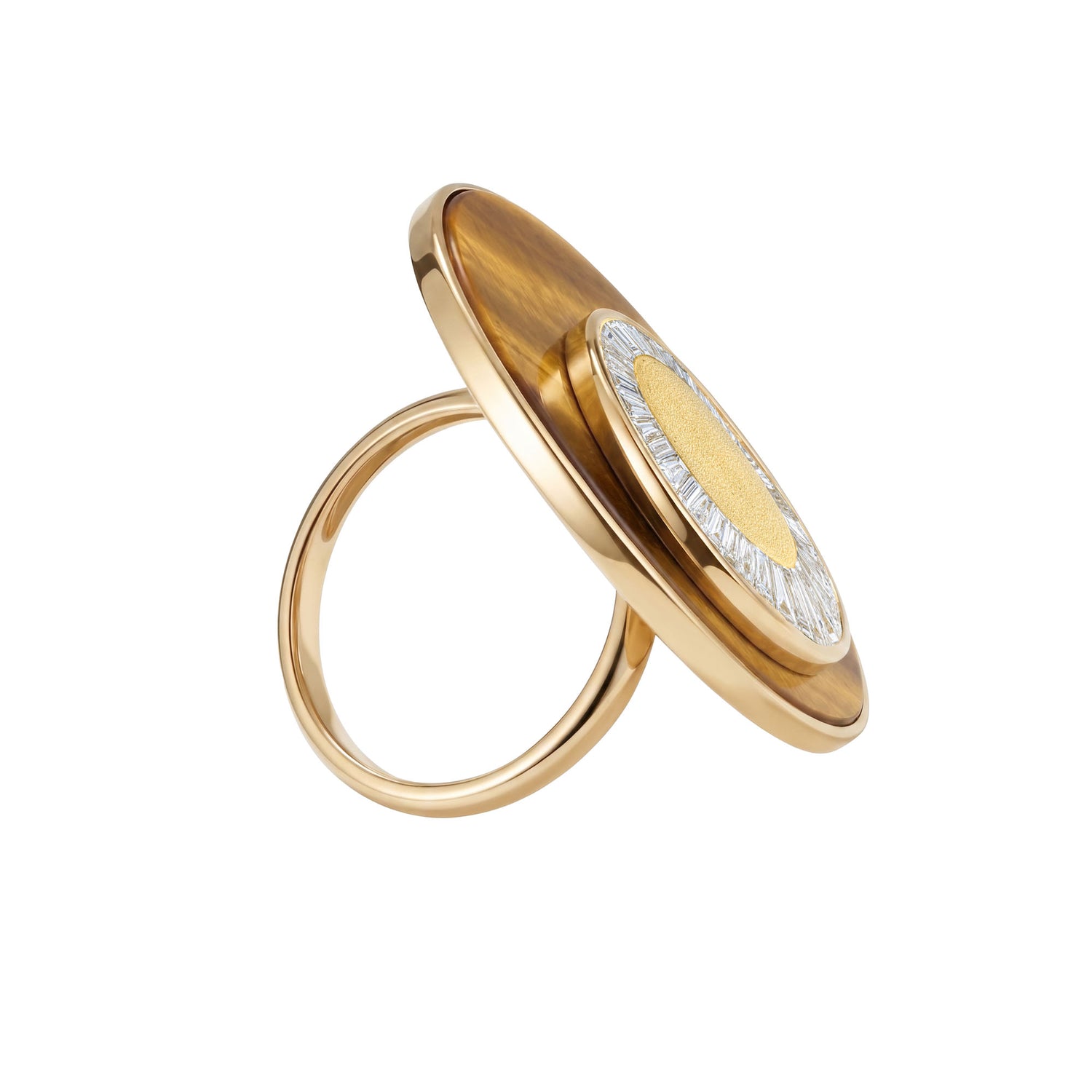 Céleste Yellow Gold Tiger Eye & Baguette Diamond Circular Ring