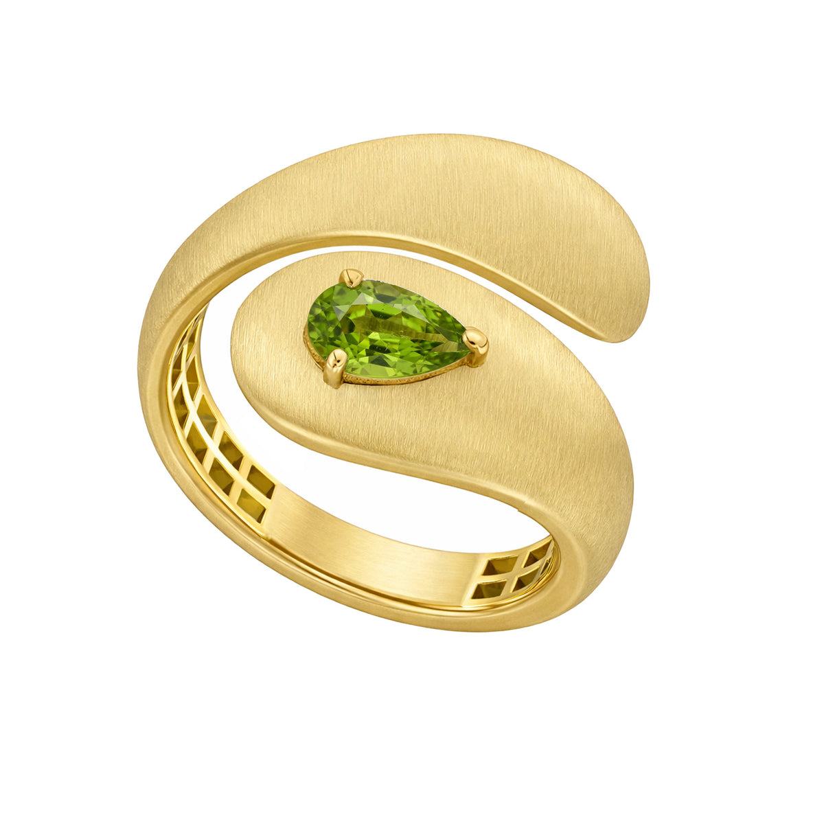 Roma Pear Yellow Gold Peridot Brushed Sculptural Ring